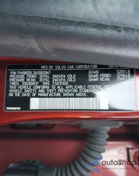 2010 Volvo Xc60 3.2 z USA, uszkodzony, nr VIN YV4982DL3A2062947